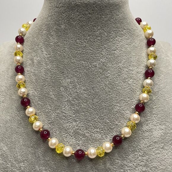 Earth mined Red Gemstone Glass Pearl Yellow Glass Beaded Necklace Statement - Picture 1 of 7